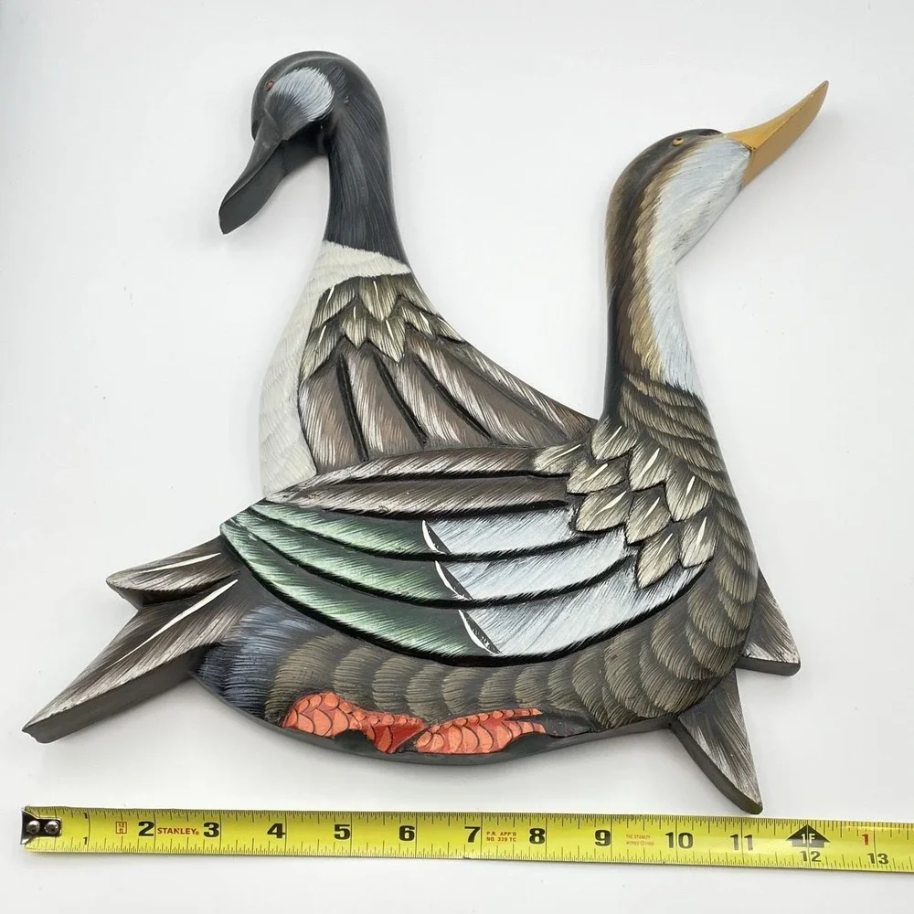 Vintage‎ Carved Wood Goose Duck Wall Art 14x13 Philippines Hand Painted